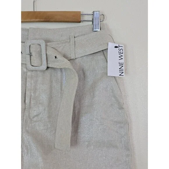 Nine West Metallic Linen Blend Shorts Belted High Waist Gold Beige Womens Small - Picture 4 of 12